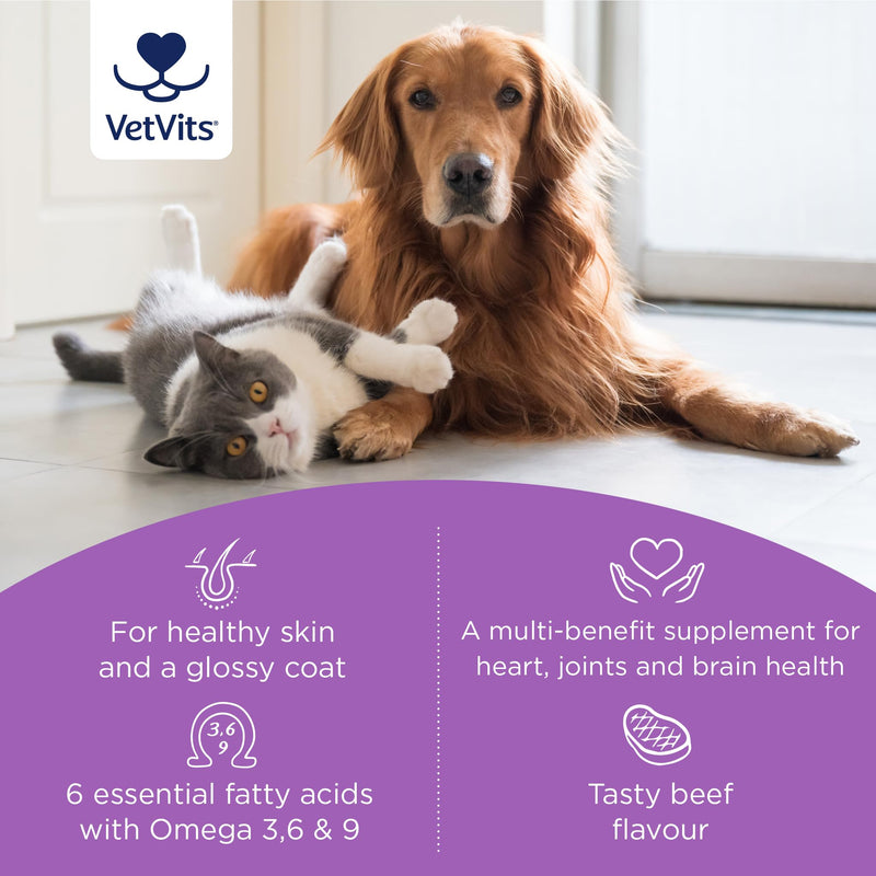 Omega Skin & Coat For Cats & Dogs (60 Capsules) | Beef Flavoured | Shinier Coat, Healthier Pet | Omega 3 and 6 Blend | Supports Skin, Coat, Joints, Brain and Heart