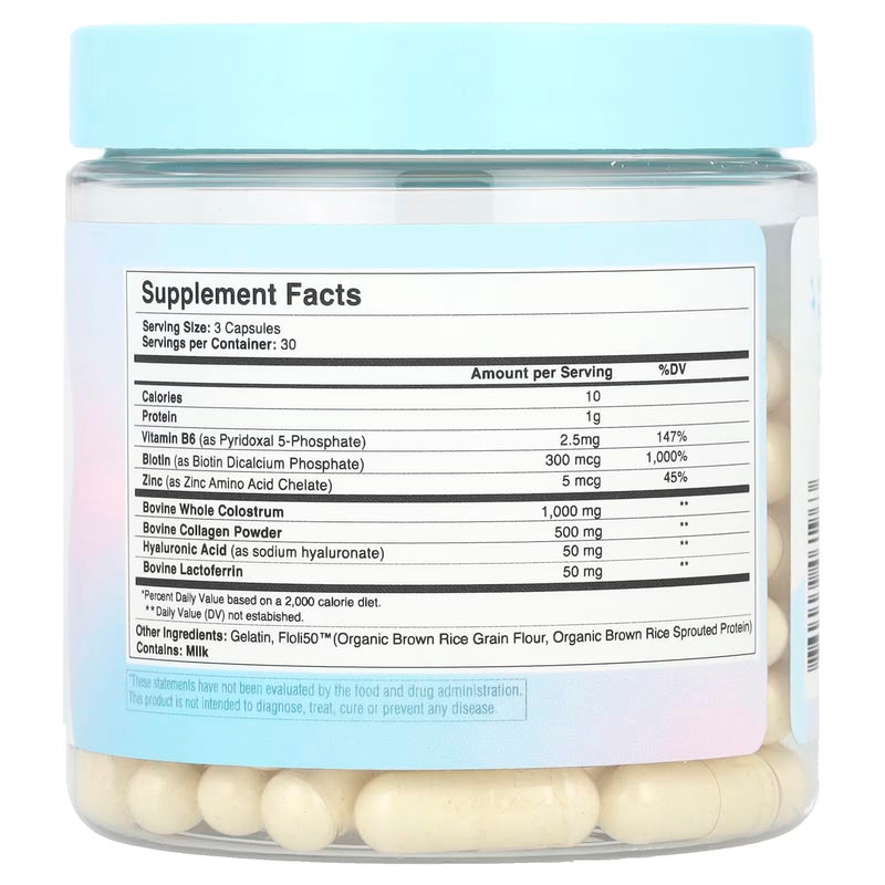 WONDERCOW Hair Skin and Nails Vitamins w/Bovine Colostrum, Collagen, Hyaluronic Acid, Biotin, Zinc, & Lactoferrin┃Supports Faster Hair Growth, Stronger Nails and Glowing Skin (30 Servings, Capsule) 90 Count (Pack of 1)