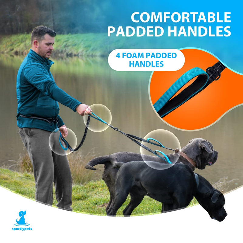 SparklyPets Hands Free Dual Dog Leash for Medium and Large Dogs - Padded Handles, Reflective Stitches, No Pull, Tangle Free Blue For 2 Medium/Large Dogs - BeesActive Australia