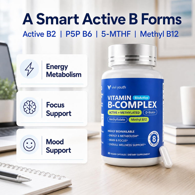 B Complex Vitamins for Women - Methylated Vitamin B Complex | B Complex with methyl B12, 5-MTHF & B6 - MTHFR-Friendly, 2X Absorption for Energy, Focus & PMS Mood, Vegan, 60-Day Supply