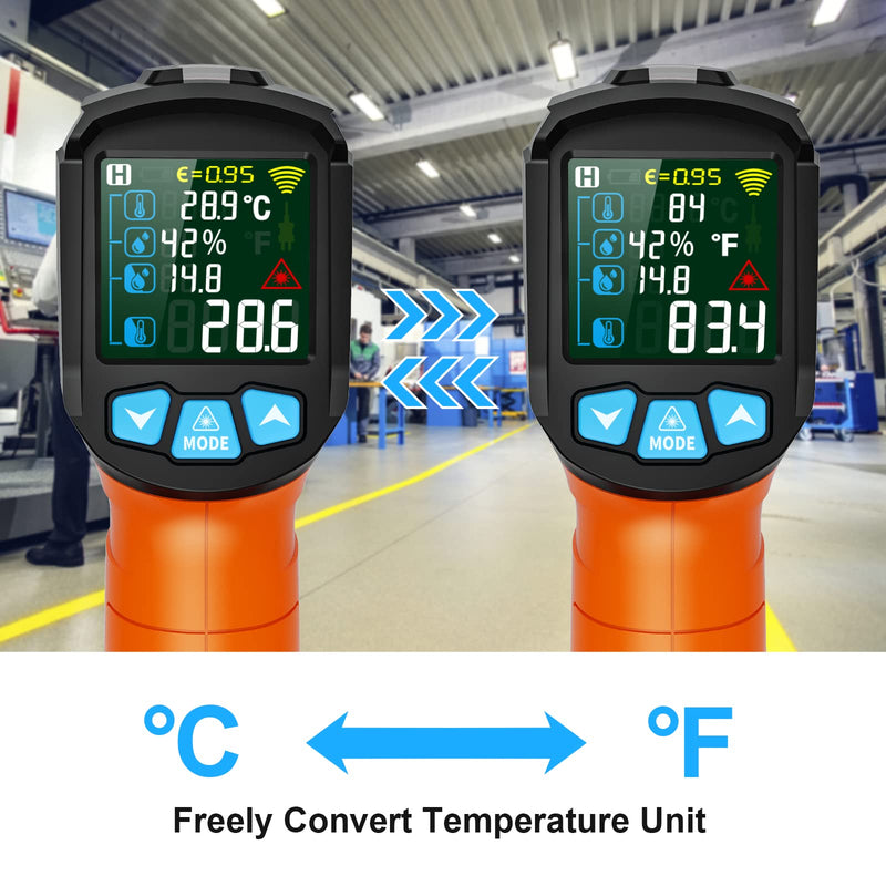 Infrared Thermometer Gun, Non Contact Digital Laser Thermometer Temperature Gun with Color LCD for Cooking, Home Repairs, Humidity Measurement, Adjustable Emissivity -58°F to 1472°F(-50~800°C) Orange -58℉~1472℉(-50℃~800℃)