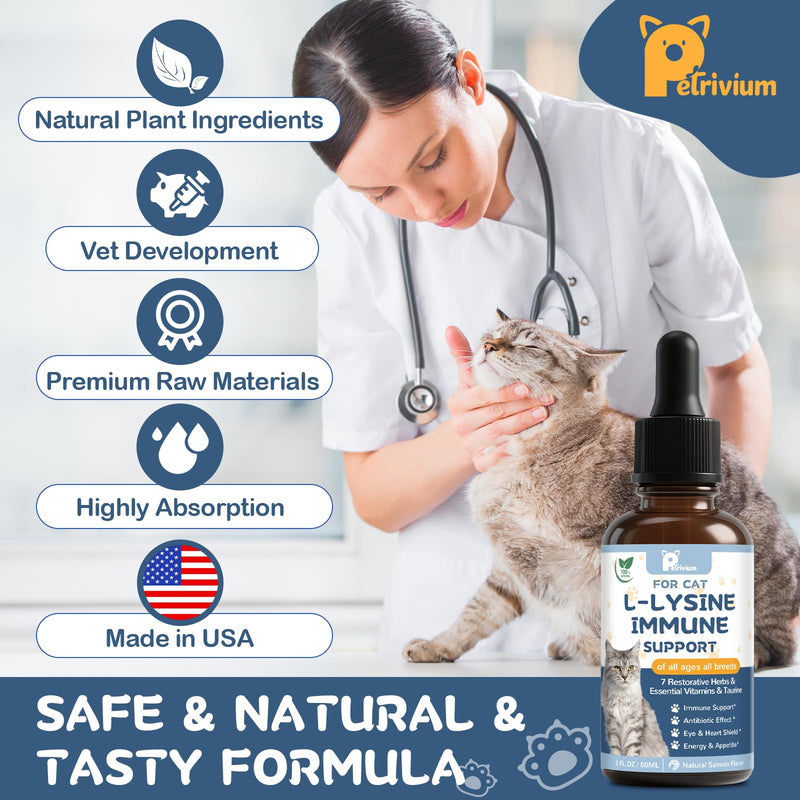 L-Lysine Supplement for Cats - Vitamins & Taurine for Immune Support & Allergy Relief - Lysine for Respiratory, Sneezing, Runny Nose, Eye Function - Natural Cat Antibiotic Drops - 60ML Slamon Flavor