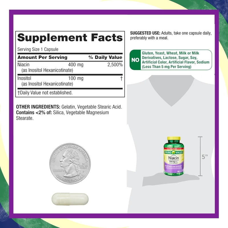 Spring Valley Vitamin B3 Niacin 500mg Flush Free Capsules, Dietary Supplement 240 Pills (Pack of 1) - Set by Basket Goods