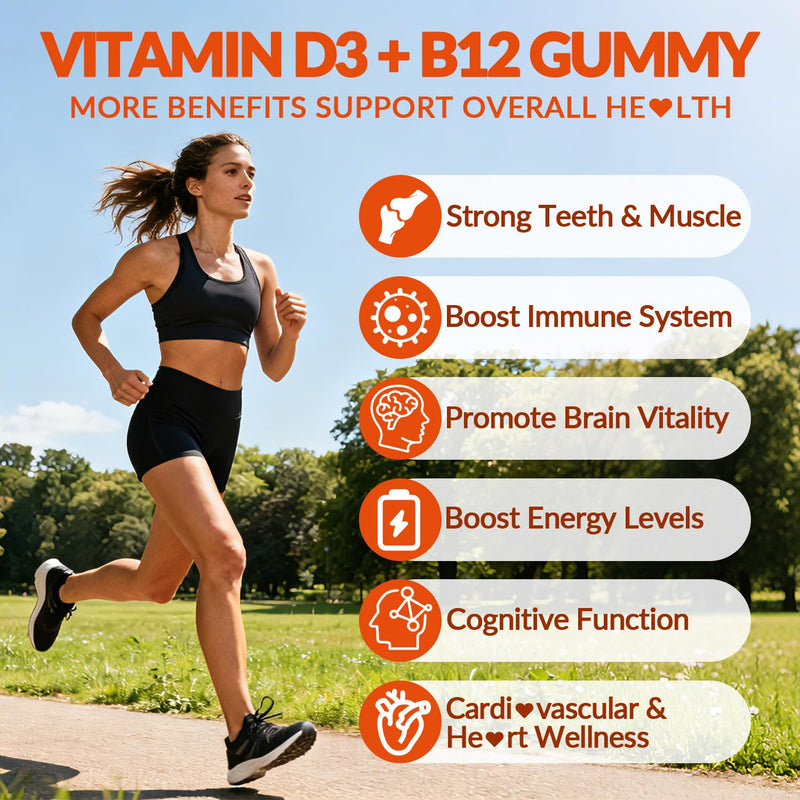 Vitamin D3 B12 Gummies, Vitamin B12 & Vitamin D 10000IU for Women Men | B12 Vitamins with Vitamin K2, Calcium, Magnesium, Sugar Free, Vegan 60 Count (Pack of 2)