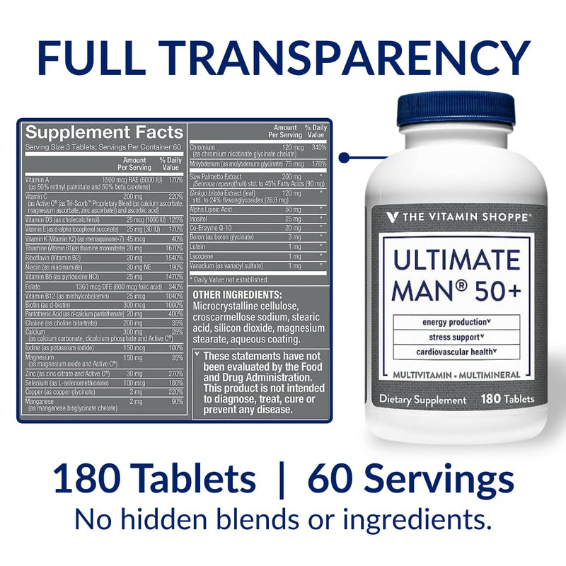The Vitamin Shoppe Brand Ultimate Man 50+ Multivitamin, 180 Tablets | Daily Multivitamin for Men With Vitamins, Minerals & Antioxidants for Energy, Immune & Overall Wellness Support, Gluten Free