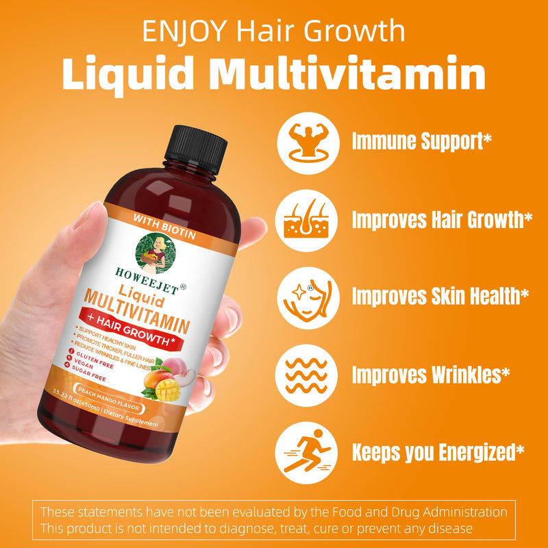 Liquid Multivitamin for Hair Growth | Biotin 10000mcg | Hair & Skin Support Supplement | Clinically Tested for Thicker Hair & Skin Elasticity | Suitable for Women & Men, Ages 18+ | 15.22 Fl Oz (1) 1