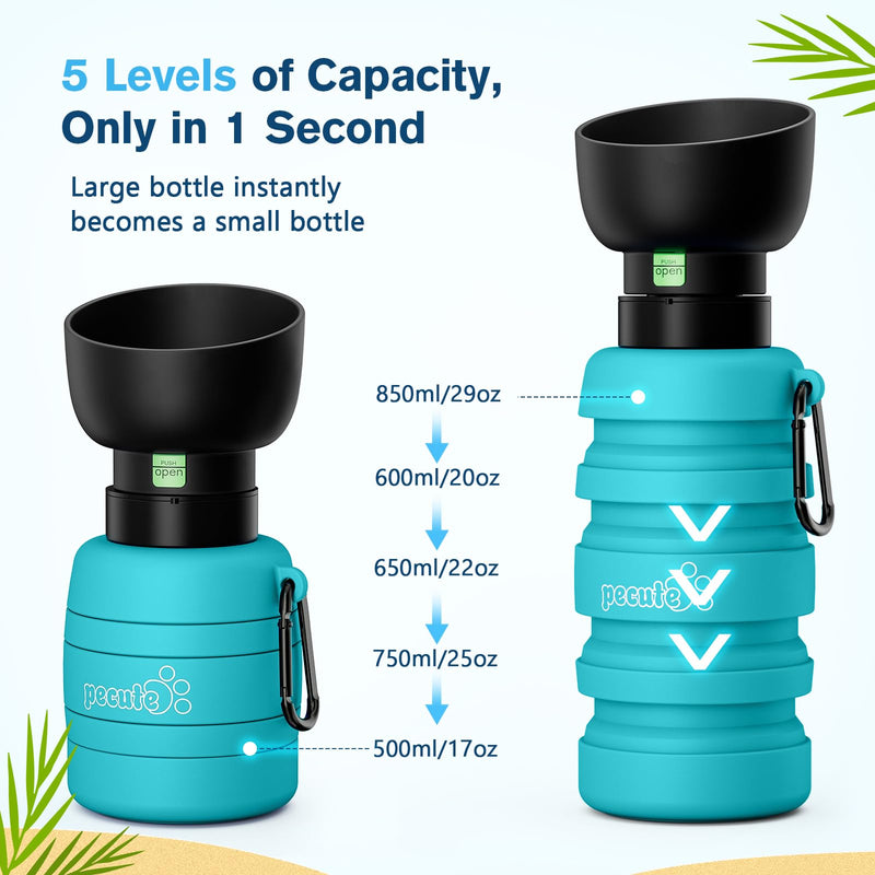 Pecute Dog Water Bottle Portable, 29oz Dog Foldable Water Bottle with Folding Bowl, Carabiner Clip, 5 Levels Capacity, 100% Food Grade Silicone, Dog Water Bottle for Outdoor Walking, Hiking, Travel Light Blue - BeesActive Australia