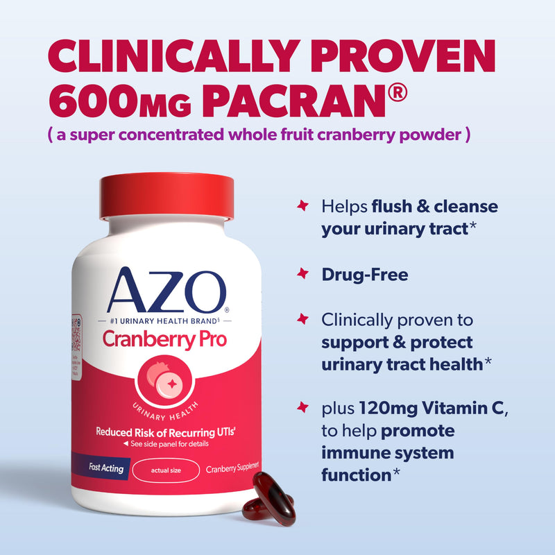 AZO Cranberry Pro, Cranberry Pills for Women & Men, 600mg Pacran, Made with Concentrated Whole Fruit Cranberry Powder to Help Cleanse and Protect The Urinary Tract*, Sugar Free, Non-GMO, 100 Softgels 100 Count (Pack of 1)