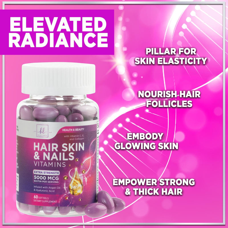 Hair Vitamins for Women for Hair Growth - Argan-Infused Supplement with Collagen, Biotin and Hyaluronic Acid - Supports Faster Hair Growth, Skin & Nails Beauty Vitamins, Bottled in USA - 60 Softgels 60 Count (Pack of 1)