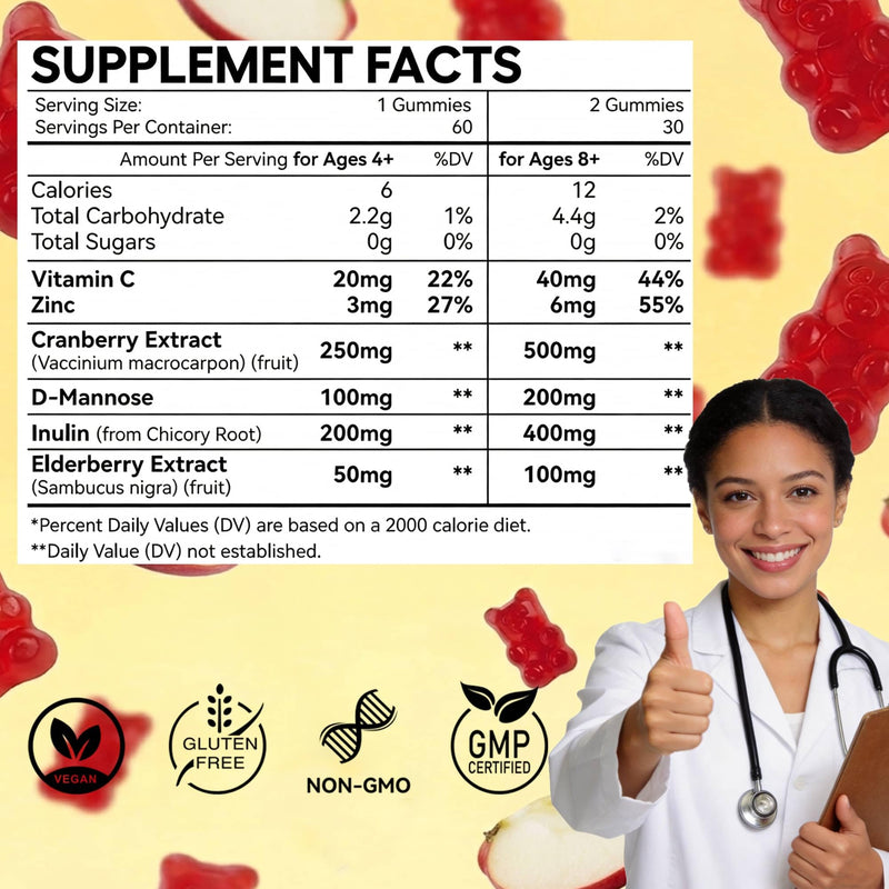 D-Mannose with Cranberry Gummies for Kids, Urinary Tract Health Support | Sugar Free D-Mannose Cranberry Supplement with Inulin, Elderberry, Vitamin C & Zinc for Gut and Daily Wellness Support