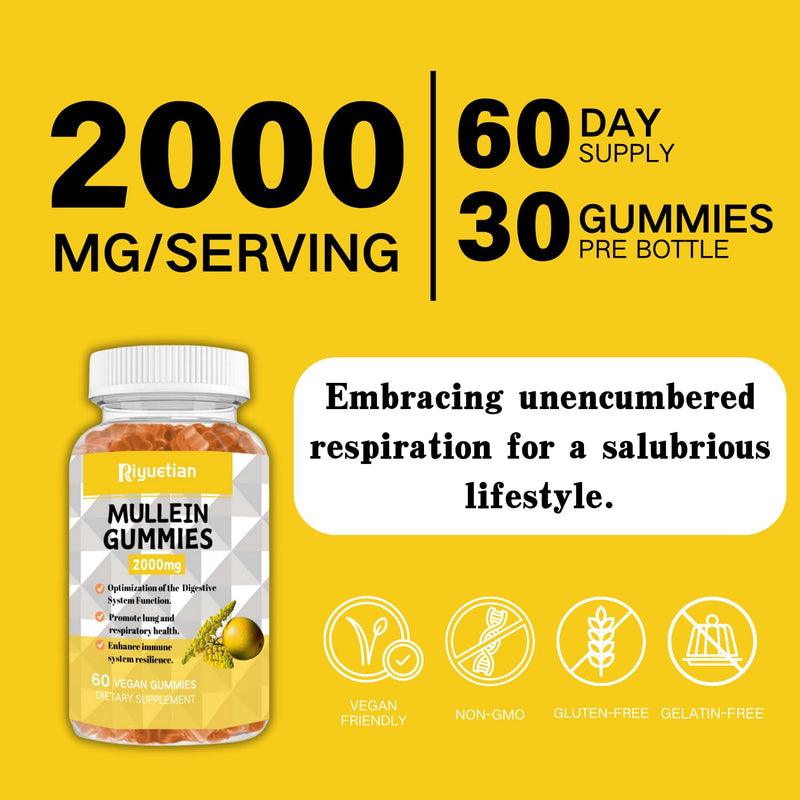 Mullein Gummies, 2000mg Organic Mullein Leaf Extract with Quercetin, Bromelain & Vitamin D3, Mullein Leaf Extract for Respiratory, Natural Lung Cleanse, Improve Appetite, Vegan, Non-GMO, 1 Pack 60 Count (Pack of 1)