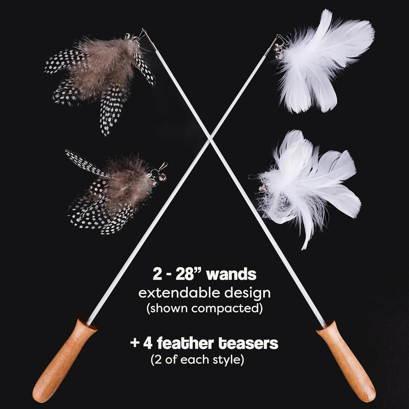 Cat Park Cat Wand Toys for Indoor Cats - 2PCS Interactive Cat Toy Wand with 4 Cat Feather Toys Refills, 27" Flexible Steel Wire, Sturdy Wood Handle & Bell, Fun Kitten or Cat Teaser Toy to Play, Chase - BeesActive Australia