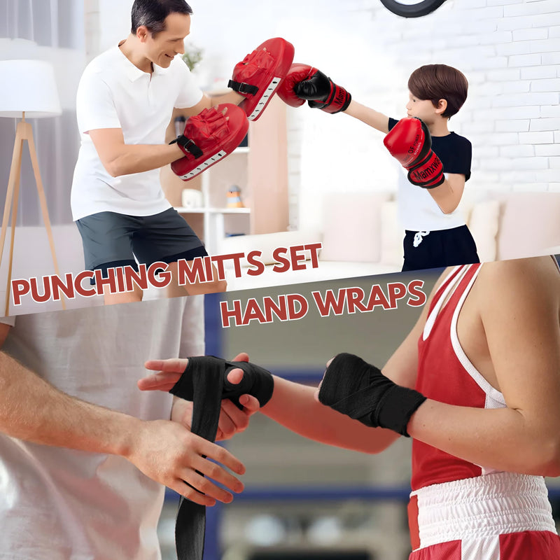3-in-1 Boxing Gloves and Punching Mitts Set for Kids, Boxing Mitts Focus Pads with Hand Wraps for Kid, Youth Leather Punching Equipment Gloves Set for MMA, Karate, Muay Thai, Taekwondo Red