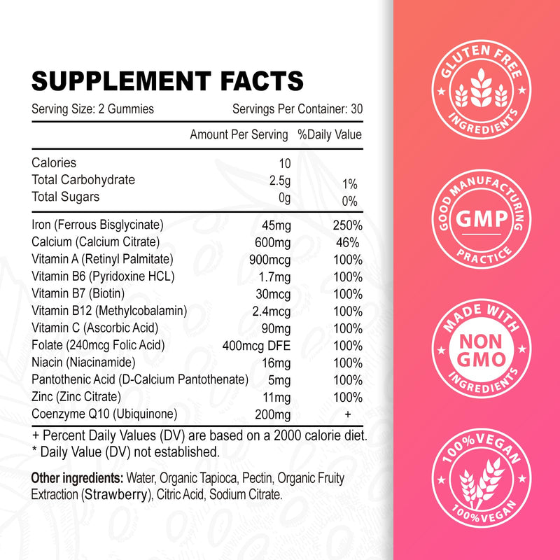 Vegan 2 Pack Iron Supplement Gummies for Women & Men, Anemia, Blood Builder & Energy Support for Iron Deficiency, with Vitamin C, A, B Complex, Folate, CoQ10, Sugar Free, Non-GMO, 120 Count 45MG Iron Strawberry Flavor 60 Count (Pack of 2)