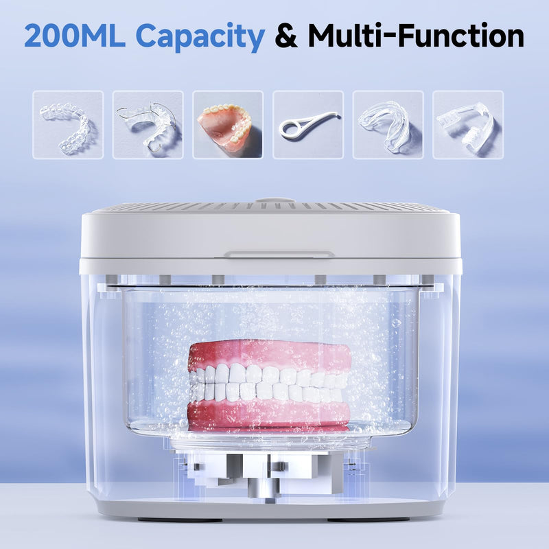 Ultrasonic Retainer Cleaner Machine, 45kHz Dental Cleaning Pod for Denture, Aligner, Nightguard, Mouth Guard, Toothbrush, Jewelry, with Digital Timer, 200ML & 4 Modes for All Dental Appliances S White - BeesActive Australia