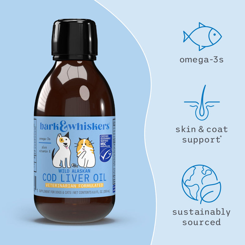 Dr. Mercola Bark & Whiskers Wild Alaskan Cod Liver Oil for Dogs & Cats, Omega-3s, Vitamin E, Skin and Coat, Joint Health, Veterinarian Formulated, Non-GMO - 6.8 Fl. Oz. (200 mL) - PawsPlanet Australia