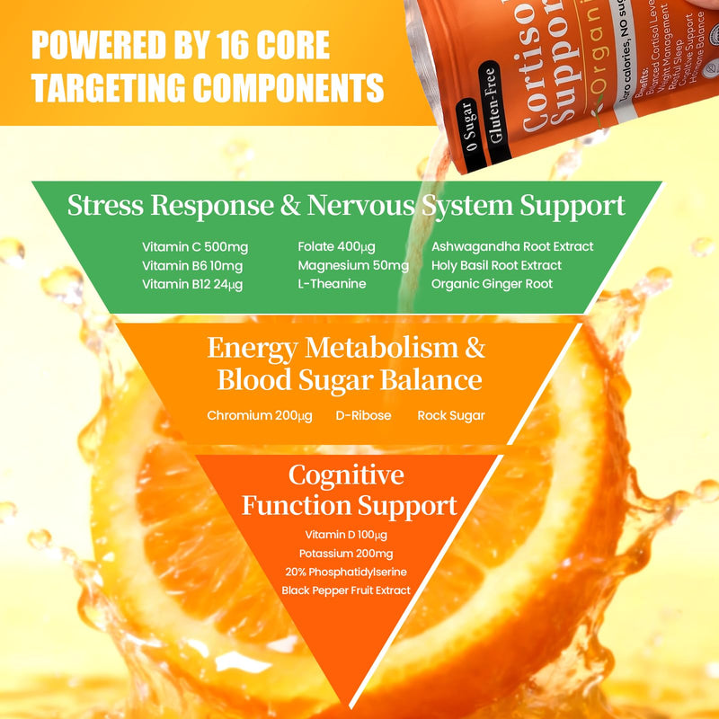 Cortisol Reducer Drink Mix Powder, Refreshing Orange Supplement with Ashwagandha, Magnesium Glycinate & L-Theanine for Calm, Focus Stress Response Support Bulk Resealable Bag with Scoop (60 Servings)