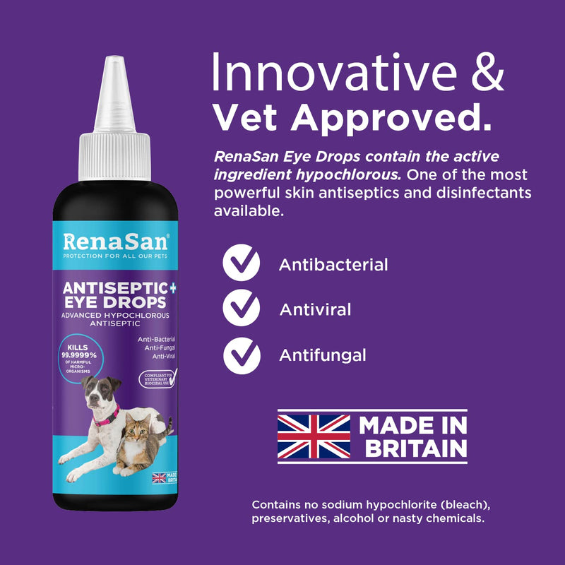 RenaSan Antiseptic Eye Drops (100 ml) – Eye Disinfection, Alcohol-Free, Non-Irritating and Natural Eye Cleaning Solution for Dogs, Cats, Reptiles, Poultry, Avian & Livestock 100 ml
