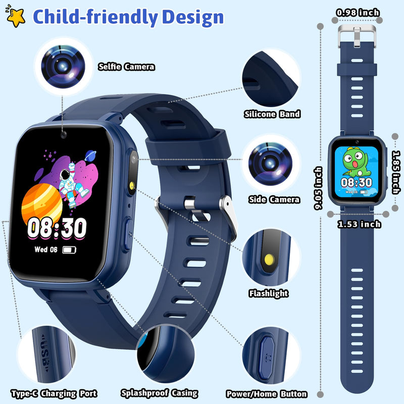 zicor Kids Game Watch Gift with 26 Puzzle Games, Dual Camera, Personal Video Players, Pedometer, Video Recorder, Flashlight, Alarm Clock, Toy for Boys Girls Age 4-12 Years Old, Birthday Gift Blue