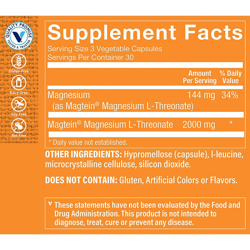 The Vitamin Shoppe Magtein Magnesium L-Threonate, Brain Health, 90 Caps | Daily Mineral to Support Muscle Relaxation, Bone Health, Energy Production, and Brain Health