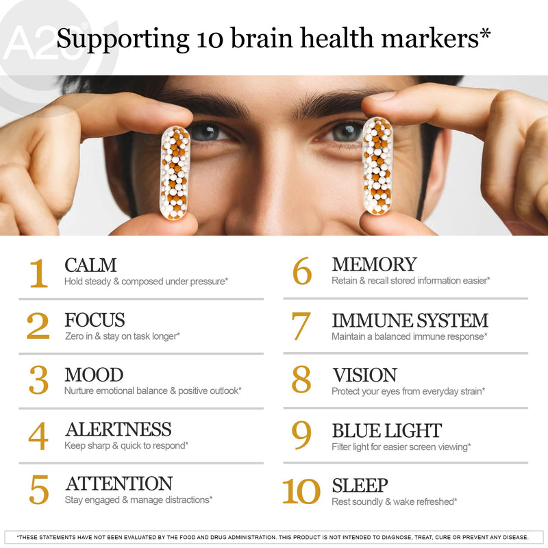HCF A20 Microbead Brain Health Supplements for Adults for Memory, Focus, Calm, Mood, Alertness, Attention, Vision, Sleep, Immune System, 20 Premium Nootropic Nutrients Multivitamin & 7 Advances® Tech 90 Count (Pack of 1)