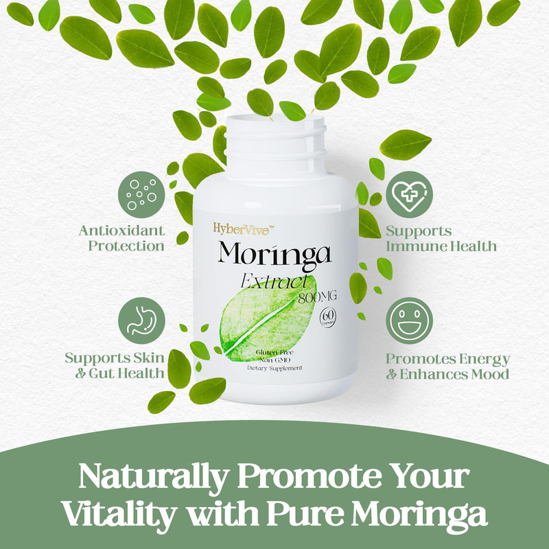 Moringa Pure Capsules 800mg Supplment, Supports Energy, Skin & Gut Health, Non-GMO & Gluten Free, Made in USA - 60 Vegan Capsules
