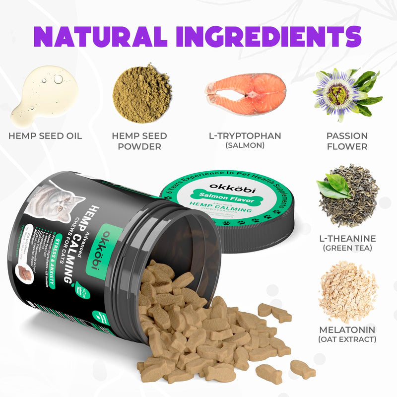 Hemp Calming Chews for Cats Anxiety 200 pcs - Feline Anxiety Relief with Melatonin - for Stress, Travel, Check-up, restlessness or Separation - Cat Calming Treats Salmon
