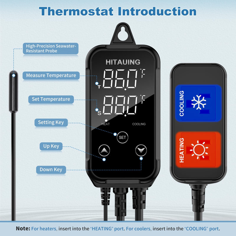 HiTauing Digital Temperature Controller, Aquarium Heater Reptile Thermostat Heating and Cooling Dual Outlet with Seawater-Resistant Probe for Fish Tanks, Reptile Tanks, Greenhouse & Seedling Mat S10B