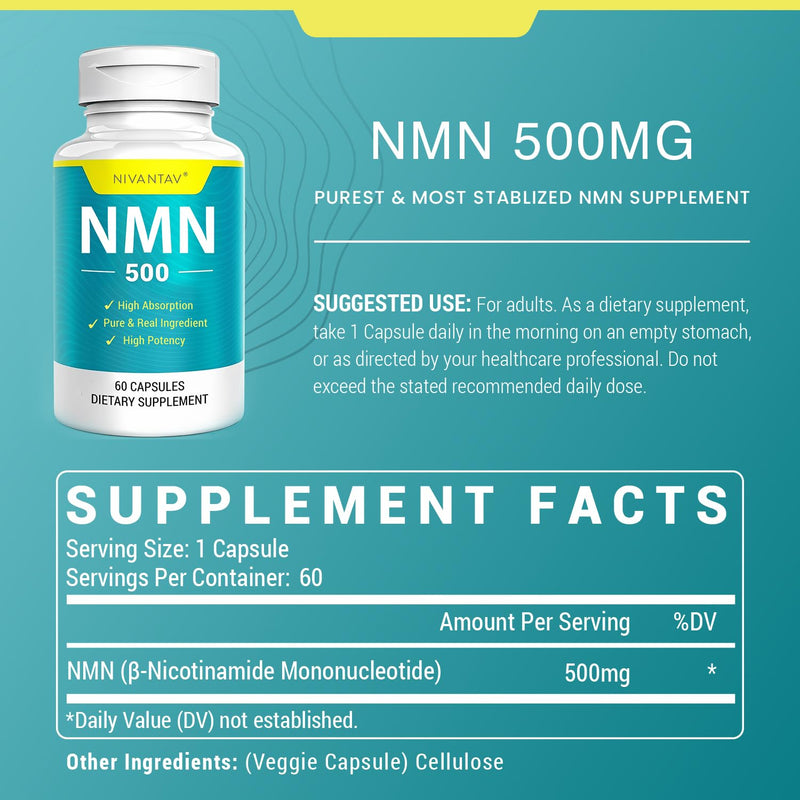 NMN Supplement, 99% Pure NMN 500mg for NAD+, 60 Capsules (60 Days Supply) | Stabilized NMN Supplement for NAD, Cellular Energy, Immune, Muscle, Skin, Anti-Aging & Longevity, Vegan, Higher Absorption 60 Count (Pack of 1)