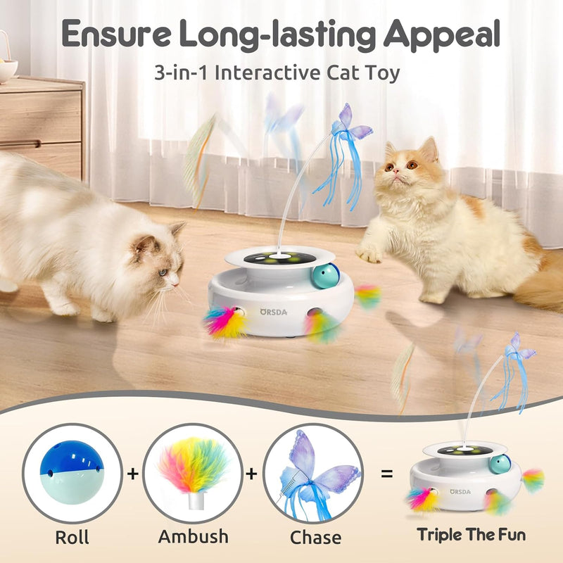 ORSDA Cat Toy, 3-in-1 Automatic Cat Toys for Indoor Cats, Electronic Whack a Mole, Fluttering Butterfly,Track Balls Kitten Toy, Rechargeable Power Interactive Feather Toys for All Breeds White - BeesActive Australia
