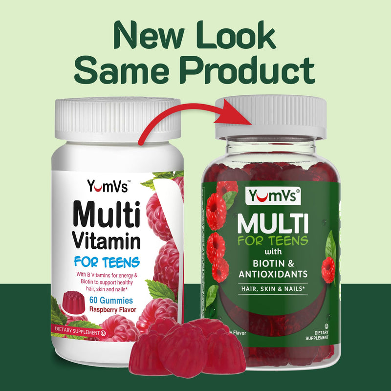 YUM-V'S Teen Multivitamin Gummies with Biotin & Antioxidants – Raspberry Flavor – Hair, Skin & Nails Support – Kosher Gummy Vitamins for Teen Boys & Girls Ages 12–17 – 60 Count 60 Count (Pack of 1)