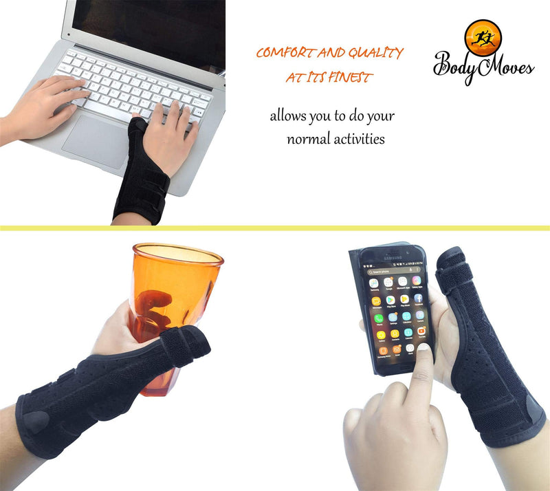 BodyMoves Thumb Splint Brace Plus Finger Hot and Cold Gel Pack- for de quervain's tenosynovitis, Tendonitis, Trigger Thumb spica,Carpal Tunnel, CMC Adjustable wrist and Reversible(Left and Right Hand)