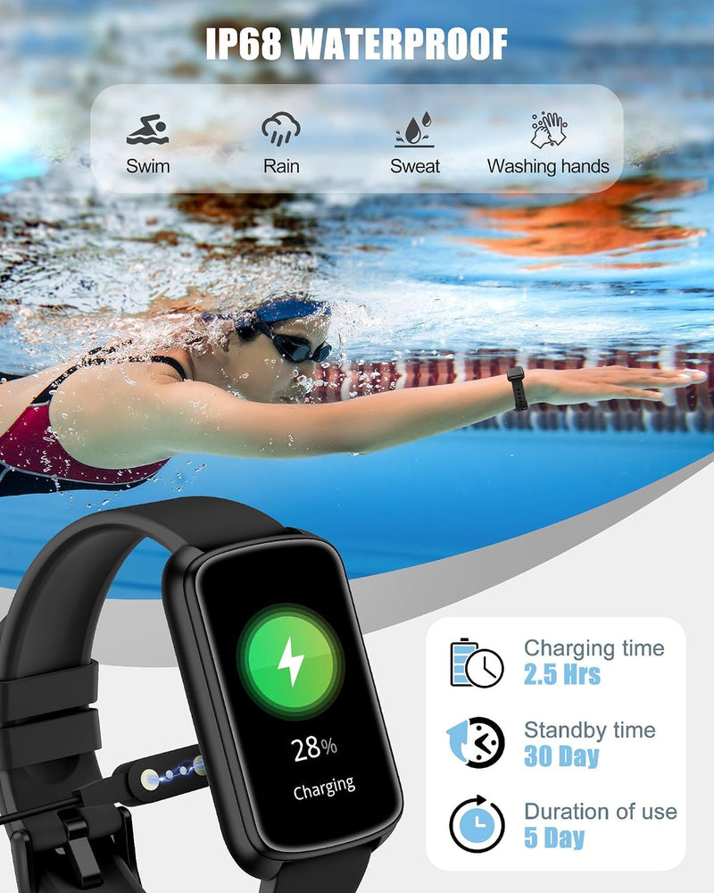 Parsonver 5ATM Waterproof Fitness Tracker, Swimming Smart Watch with Step Counter, Stopwatch, Pedometer, 24/7 Heart Rate/Blood Oxygen/Sleep Monitor, 110+ Sport Modes Fitness watch for Women Men, Black 1.47"