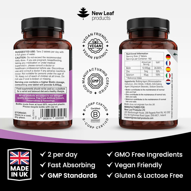 Biotin Hair Growth Supplement 12,000mcg with Zinc, Selenium & Copper - Full Year Supply 365 Vegan High Strength Biotin Tablets for Hair - Supports Hair, Skin & Nail Growth - Hair Growth - Nutravita 12,000mg - BeesActive Australia