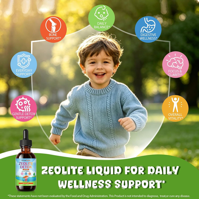 Zeolite Detox Drops for Kids - Orange Flavor, Vegan, Gluten-Free Gentle Micronized Clinoptilolite - Liquid Supplement with Vitamins B12, C & D to Clean Toxins for Children & Toddlers