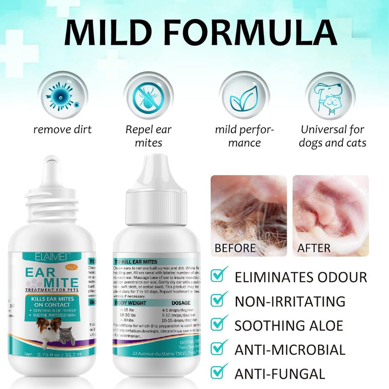 Dog Ear Cleaner, Dog Ear Infection Treatment, Antibiotic Dog Ear Drops for Ear Infection, Ear Mite Treatment for Dog & Cat, Provides Relief for Yeast Infection, Reduces Ear Mites And Debris, 22ml 1 Pack