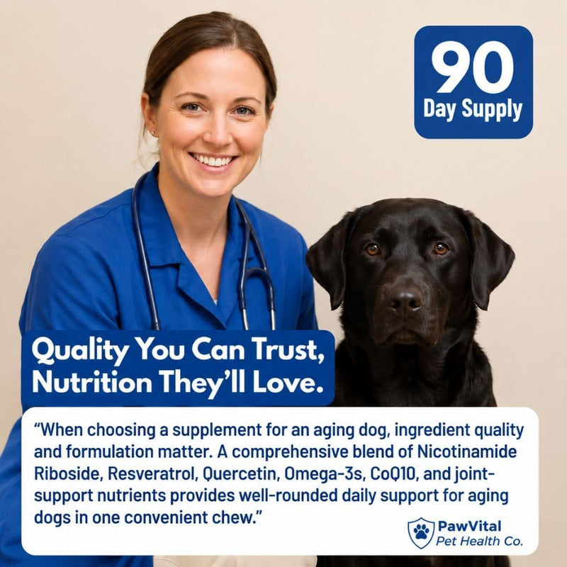 NAD+ Precursor Chews for Senior Dogs – Cellular Energy, Longevity & Cognitive Support – Nicotinamide Riboside, Resveratrol, Quercetin, Glucosamine, Omega-3 – Made with Real Chicken – 90 Count