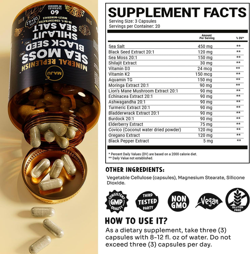 MAJU 18-in-1 Black Seed, Shilajit, Sea Moss, Celtic Sea Salt + D3 & K2, Concentrated Extracts, Trace Multi Mineral Capsules, Men & Women Electrolytes Supplements