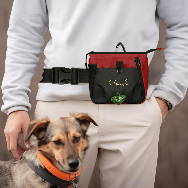 Dog Treat Pouch Training Kit with Clicker for Dog Trainer, Puppy Treat Bag with Poop Bag Dispenser and Clip for Leash, Waist Belt Pouches, Dog Clickers and Silent Whistle for Pet Training (Ruby Red) Ruby Red - BeesActive Australia