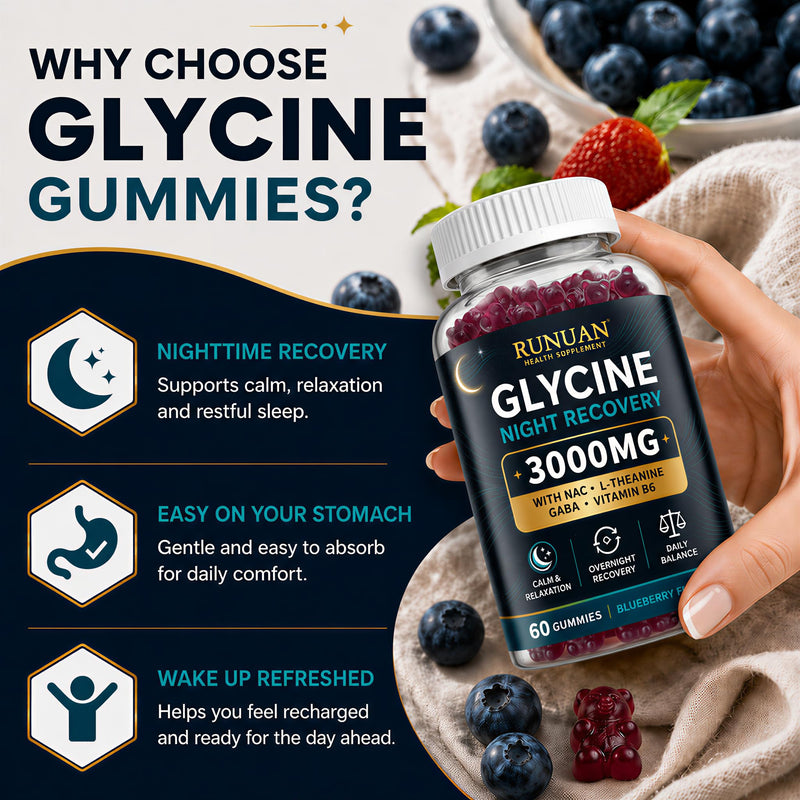 Glycine Gummies 3000mg Sleep Support with NAC, L-Theanine, GABA & B6, 60 Ct | 3g Glycine Supplements for Sleep Support, Nerve & Brain Health, Non-GMO, Sugar Free, Vegan, Blueberry Flavor