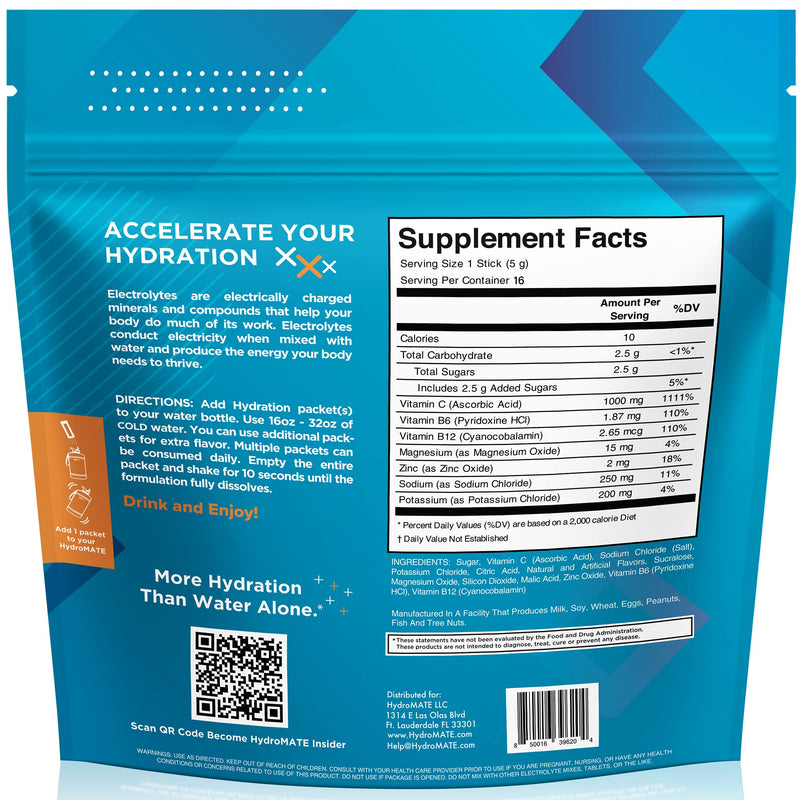 HydroMATE Electrolytes Powder with Low Sugar - 16 Instant Hydration Packets with Vitamin C Orange to Boost Energy - Low Sugar Electrolytes Powder Packets to Support Hydration for Fast Party Recovery 16 Count (Pack of 1)