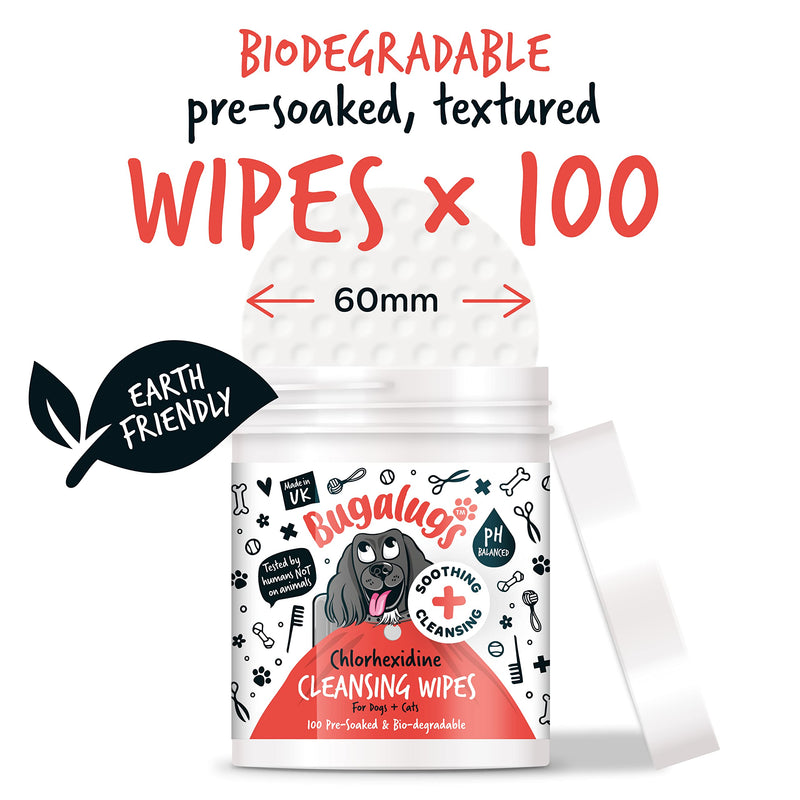 BUGALUGS Dog Wipes for pawly skin - 100 Biodegradable dog grooming pet wipes. Use as Dog ear wipes, dog eye wipes, dog face wipes, Paw & Bum wipes for puppy, dogs & cat grooming