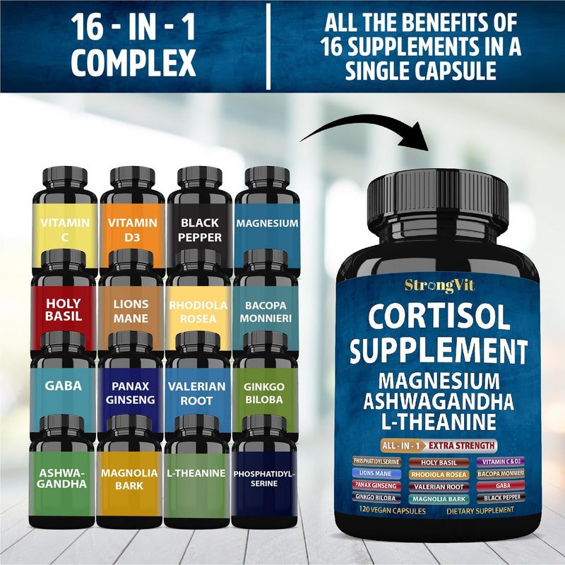 Cortisol Supplements for Women and Men with Magnesium, Ashwagandha 120 Caps 120 Count (Pack of 1)