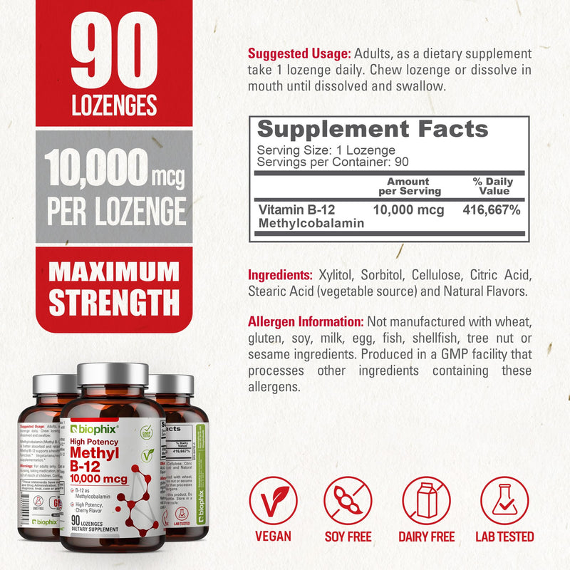biophix Methyl B-12 10000 mcg 90 Vegan Lozenges Cherry Flavor Extra Strength - Supports Nervous System Immune Health Blood Flow Metabolism Brain Focus Energy