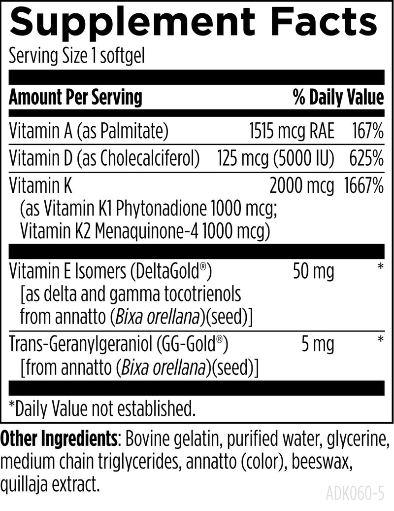 Designs for Health ADK Evail - 5000 IU VIT D3 with Vitamins A, E (Annatto Gamma Delta Tocotrienols), K (K1 + K2) - Fat Soluble Vitamin D Complex - Bone + Immune Support - Non-GMO (60 Softgels)