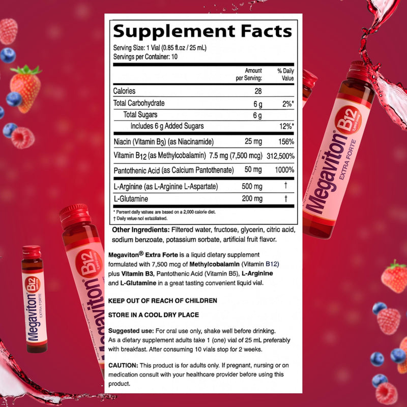 B12 Extra Forte 7500 mcg Liquid | 10 Drinkable Vials 8.50 fl oz | Methylcobalamin + L-Glutamine & L-Arginine | Energy, Focus, Immune & Nervous System Support