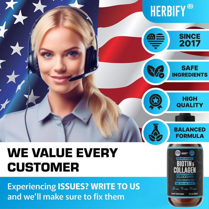 HERBIFY Liquid Biotin and Collagen Drops for Women & Men, 30 Days of Supply - Support Hair, Skin & Nails - Liquid Collagen for Women - 2 FL Oz Made in USA 2 FL Oz Unflavored