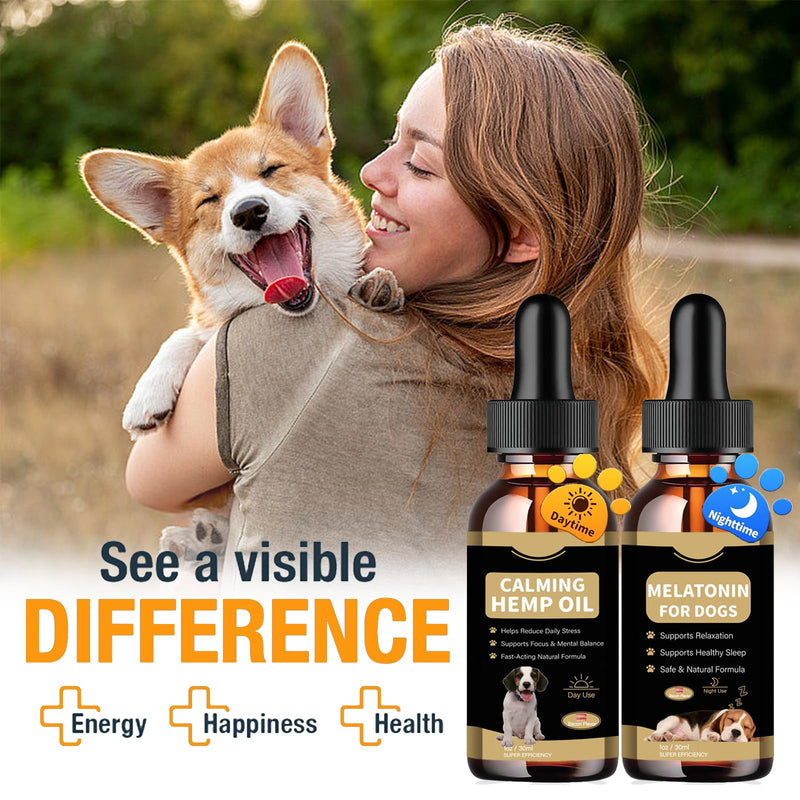 Hemp Oil & Melatonin for Dogs, Day & Night Calming Drops Support Set, Helps with Anxiety, Stress, Aggression, Separation, Sleep, Sеizures Rеlief - Organic Pet Calming Drops(Bacon Flavor)