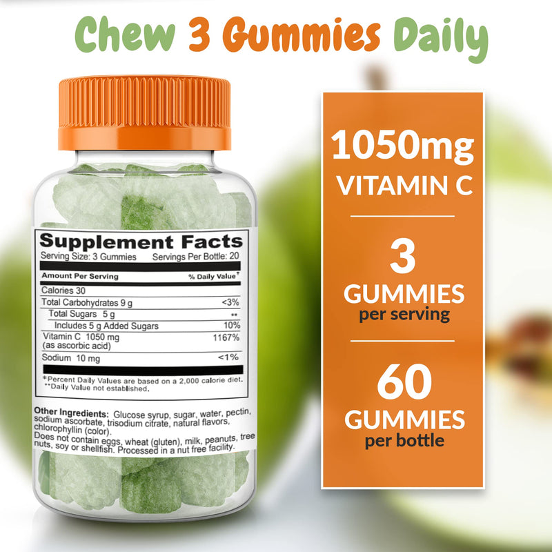 Sour Apple Flavored Vitamin C Gummies Mega Dose - 1050 mg Vitamin C - Boosts Immune System and Supports Heart Health - Great Tasting and Easy to Swallow Sour Apple 60 Count (Pack of 1)