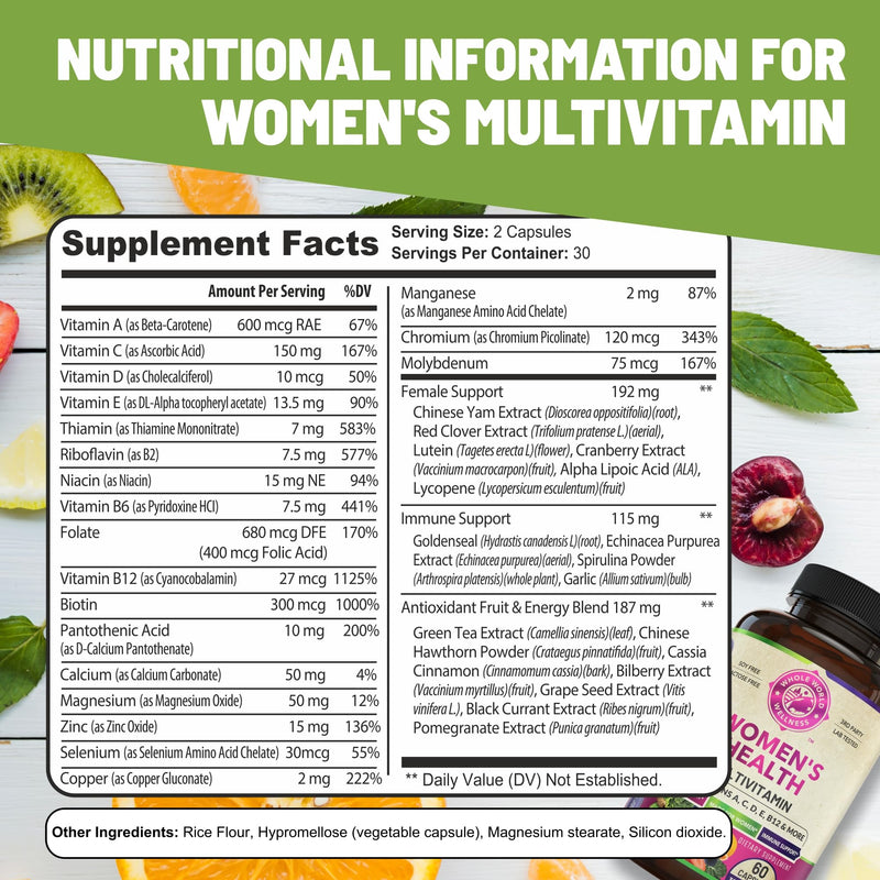 Womens Daily Multivitamin Multimineral Supplement for Energy, Mood, Focus, Hair, Skin & Nails. Made for Women with 30+ Nutrients, Fruit & Energy Blend. Womens Vitamins, USA Made.